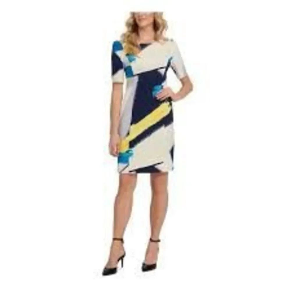 DKNY Size 6 Fitted Pouf Elbow Sleeve Sheath Dress Colorful Lines Abstract NWT